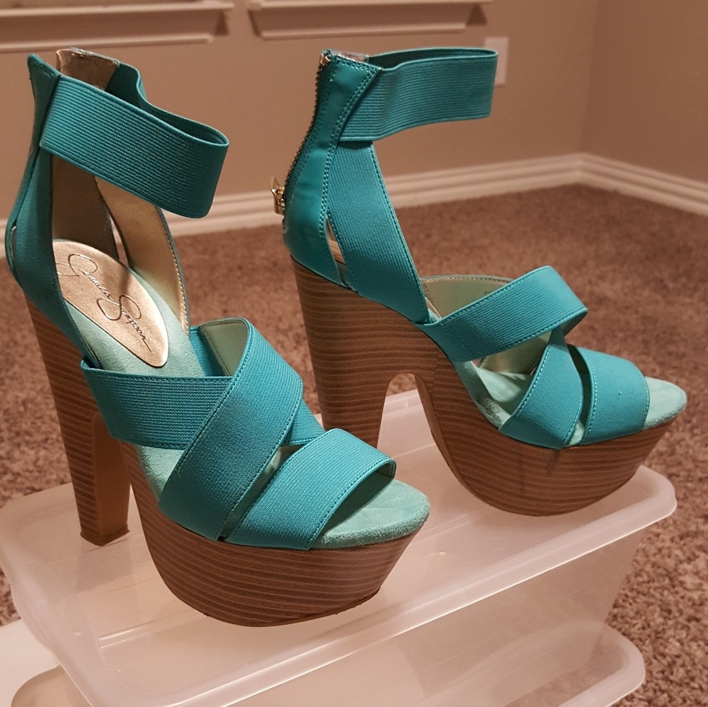 Teal chunky heels